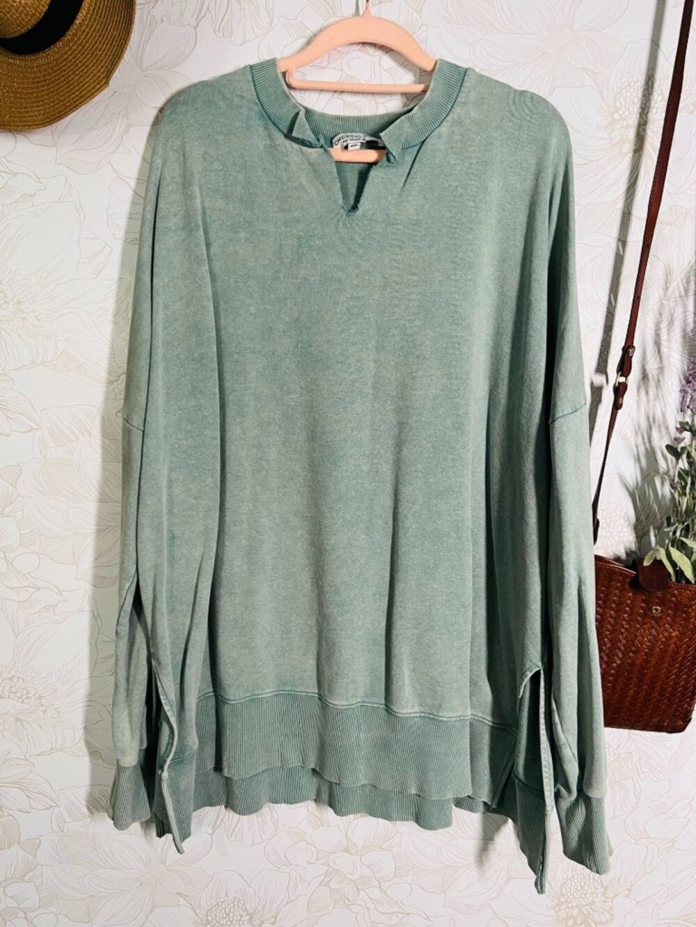 Oversized Mineral Washed Teal Cotton Pullover W/ Trim & Side Slits 4XL Chic Soul